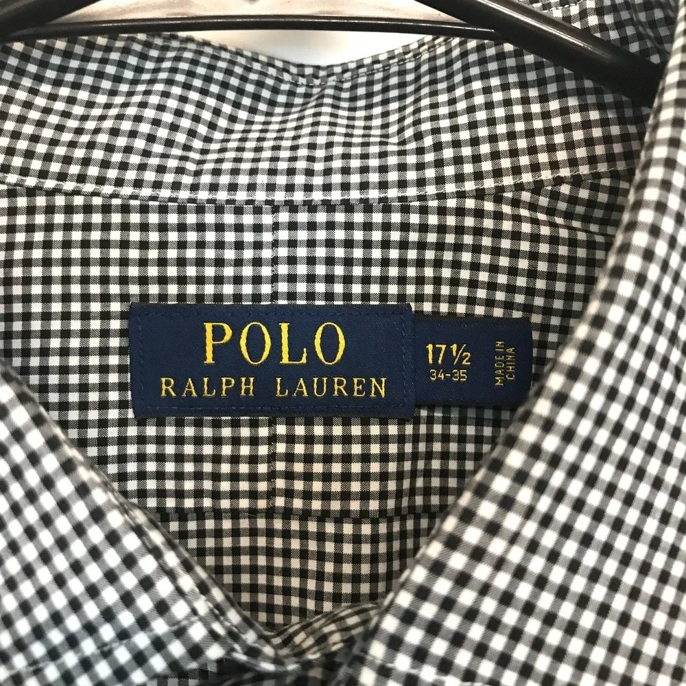 Polo‎ Ralph Lauren Mens 17.5 34-35 Black White Gingham Button Down Shirt